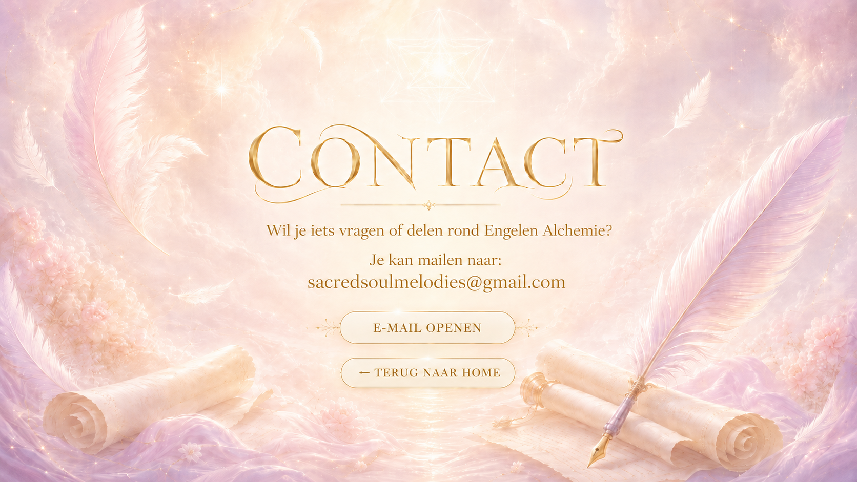 Contactpagina voor Engelen Alchemie met gouden letters, zachte veren, een veerpen met gouden nib en twee scrolls.