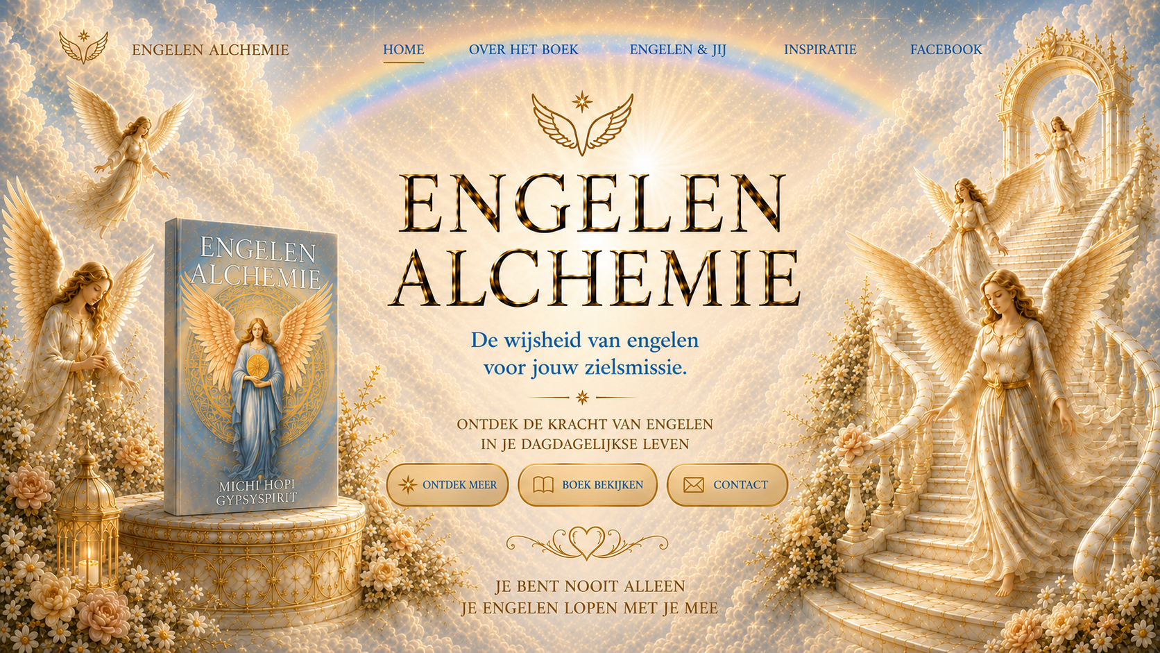 Engelen Alchemie homepage met het boek op een gouden voetstuk, engelen op een hemelse trap en knoppen om meer te ontdekken, het boek te bekijken of contact op te nemen.