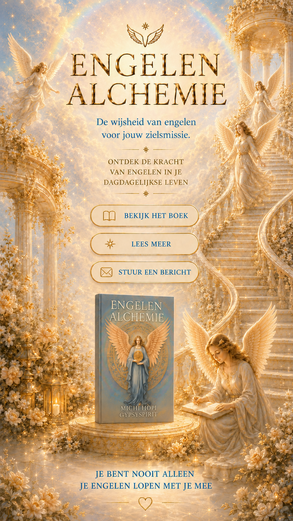 Mobiele Engelen Alchemie homepage met hemelse engelen, het boek en knoppen: bekijk het boek, lees meer en stuur een bericht.