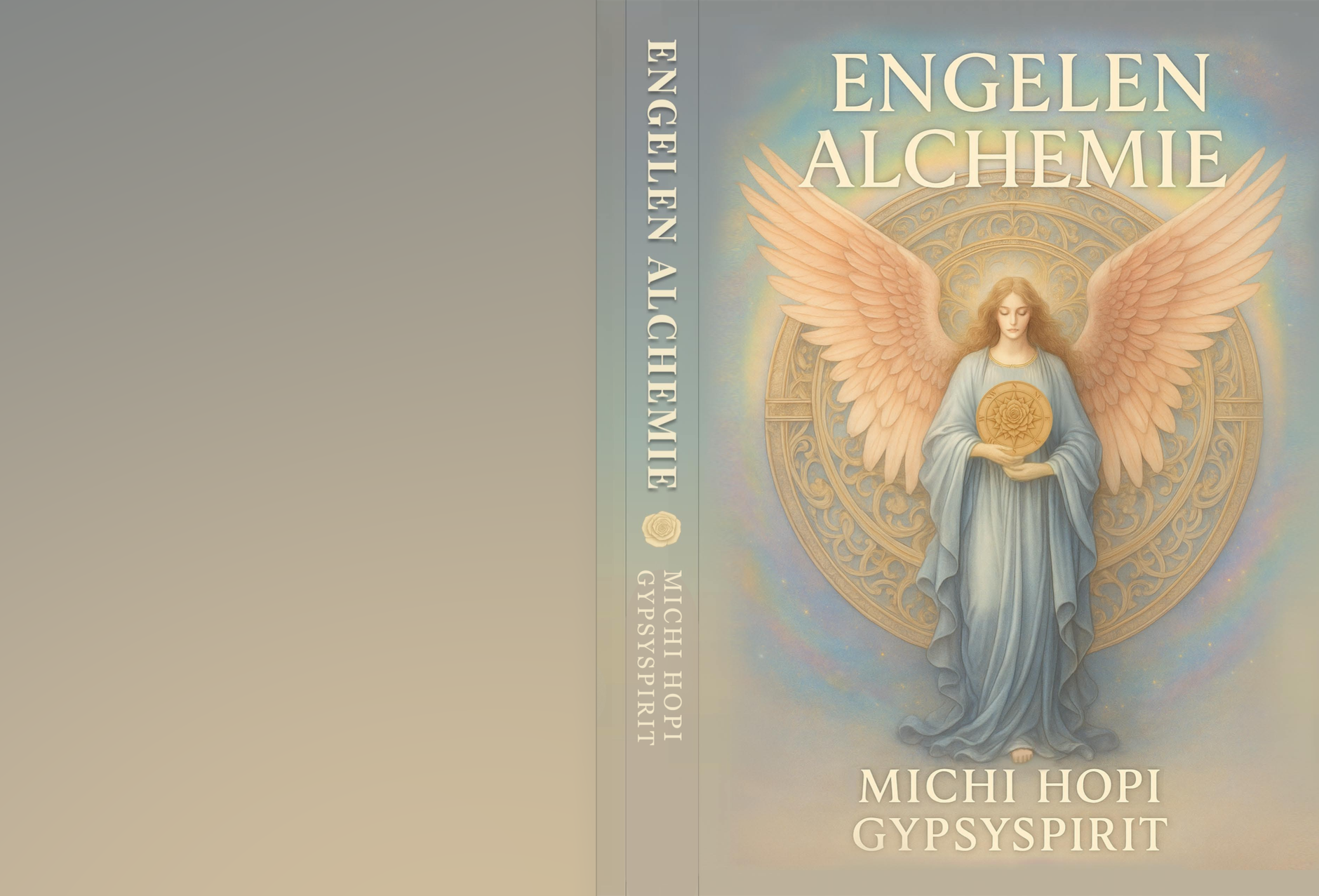 Volledige omslag van Engelen Alchemie met achterflap, rug en voorzijde.